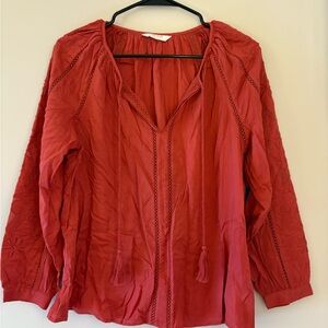 Lucky Red Boho Blouse with Embroidered Sleeves